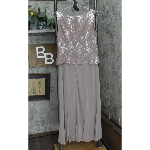 Alex Evenings Women's Tea Length Sequin Dress Pewter Brown / Frost 10 - Picture 2 of 14